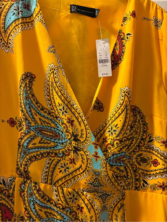 New York & Company Dresses & Skirts - NWT New York & Company Bright Yellow Paisley Trim Wrap Dress flowy sleeves
